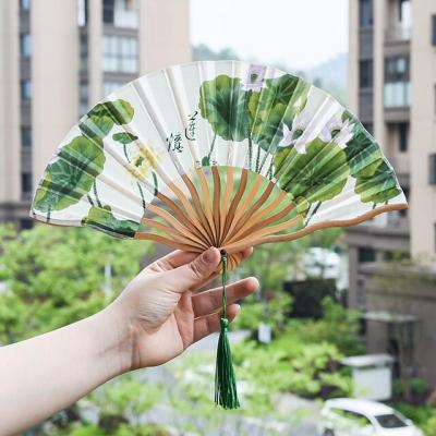 Folding Fan Lotus Green Silk Curved Japanese Ancient Style Bamboo Gift 